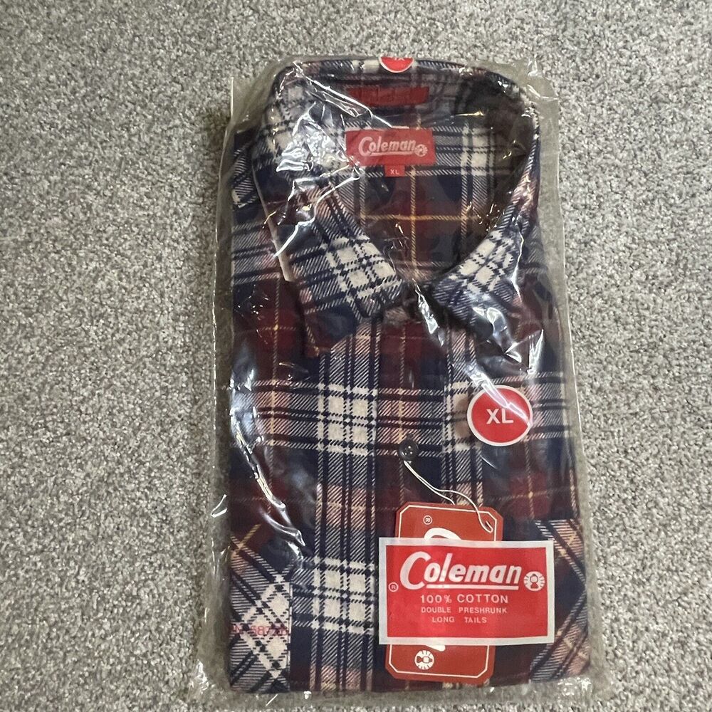 Coleman Mens Flannel Shirt Large XL Button Front Long Sleeve Burg/Navy Plaid